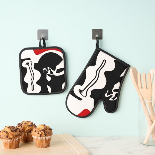 Offset kamer: Abstract zwart, wit & rood Ovenwant & Pannenlap Set (Insitu(Ophanging))