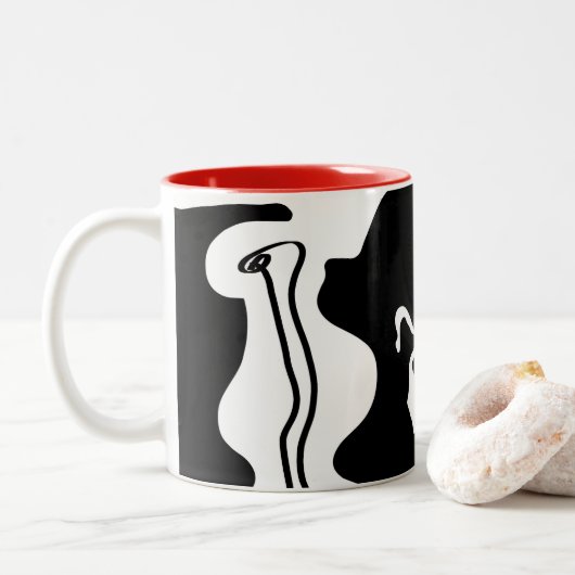 Offset kamer: Abstract zwart, wit & rood Tweekleurige Koffiemok (Met donut)