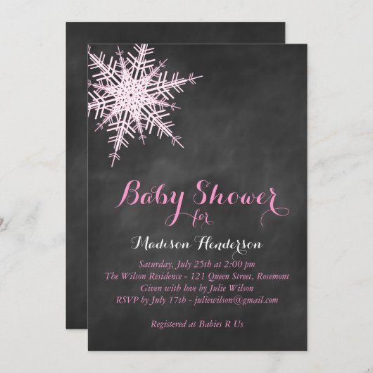 Offset roze snowflake Baby shower uitnodigen op kr Kaart (Voorkant / Achterkant)