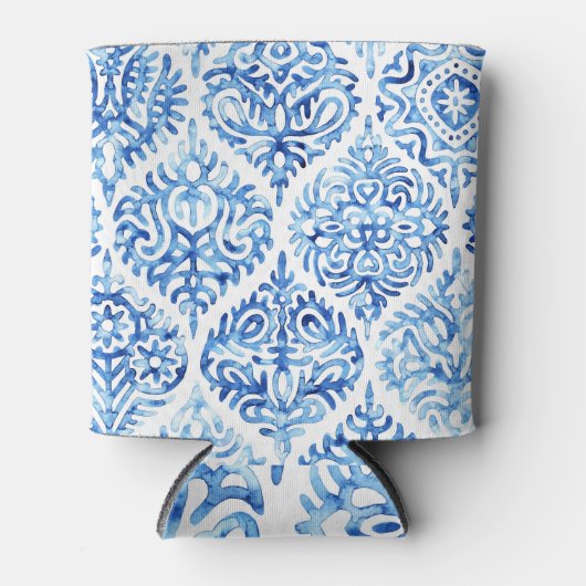 Ogee Elegance: Waterverf wit-blauw Blikjeskoeler (Voorkant)