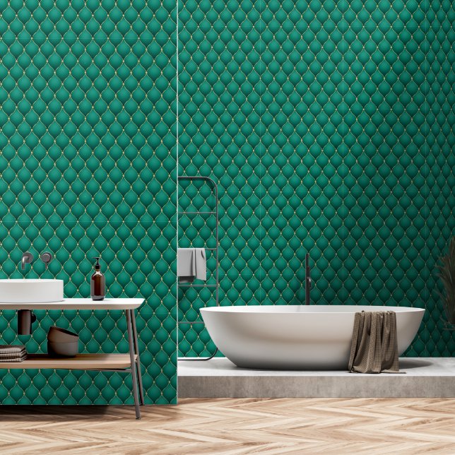 Ogee Gold Diamond Tufted Smaragdgroen Behang (Badkamer)