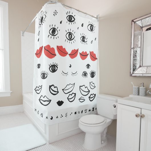  ogen, rood lippatroon. douchegordijn (In situ)