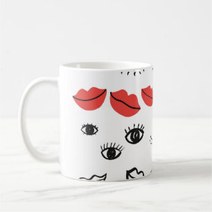 ogen, rood lippatroon. koffiemok
