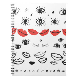 ogen, rood lippatroon. notitieboek