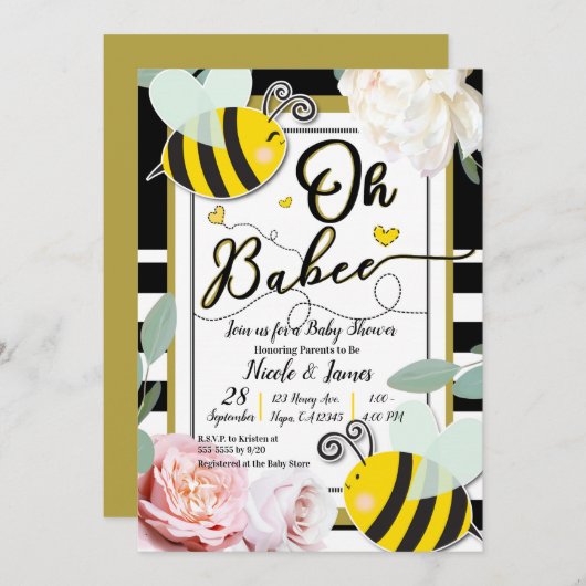 Oh BaBEE Bee Floral Geel Goud Baby shower Kaart (Voorkant / Achterkant)
