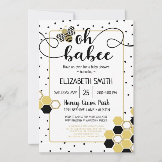 Oh Babee Bumblebee Gold Glitter Zwart Baby shower Kaart (Voorkant)