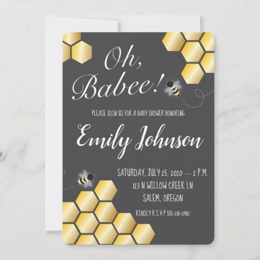 Oh Babee! Uitnodiging voor Baby shower met bijenth (Voorkant)