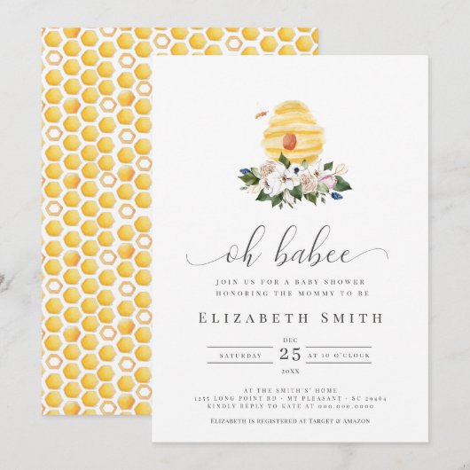 Oh Babee Watercolor Bij Geel Bloemenkleed Baby Sho Kaart (Voorkant / Achterkant)