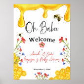Oh Babee Yellow Bee Floral Baby shower Welkom Poster (Voorkant)