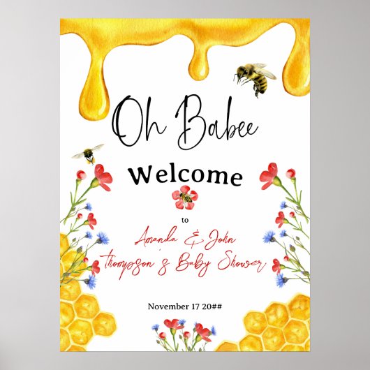 Oh Babee Yellow Bee Floral Baby shower Welkom Poster (Voorkant)
