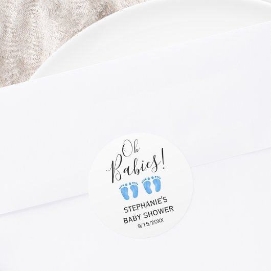 Oh Babies Blue Feet Twins Baby Shower Ronde Sticker