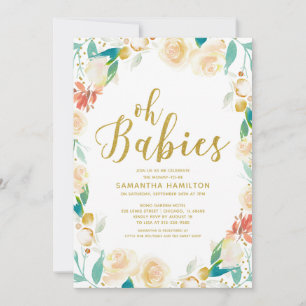 Oh Babies Perzik Bloem Glitter Tweeling Baby Showe Kaart