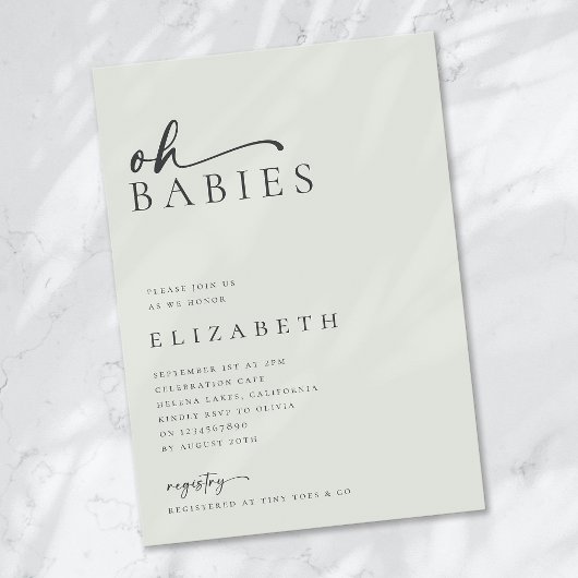 Oh Babies Sage Green Minimalist Script Baby shower Kaart