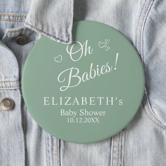 Oh Babies Sage Green Twin Baby Shower Button (In situ)