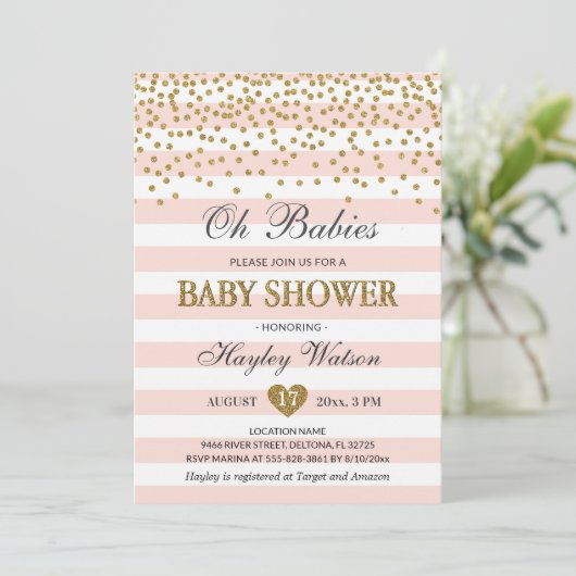 Oh Babies Tweeling Meisjes Roze Goud Baby Shower Kaart (Staand voorkant)