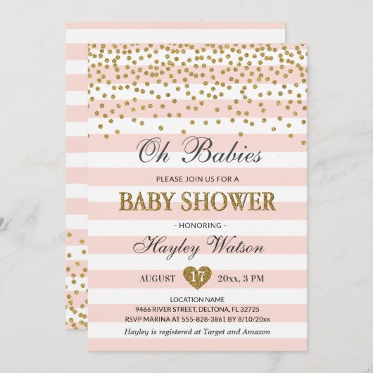 Oh Babies Tweeling Meisjes Roze Goud Baby Shower Kaart (Voorkant / Achterkant)