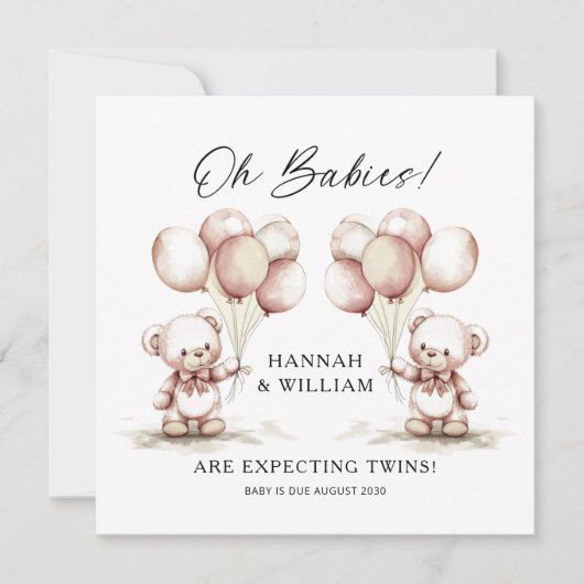 Oh Babies Twins Cute Watercolor Bears Baby Shower Aankondiging (Voorkant)