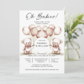 Oh Babies Twins Cute Watercolor Bears Baby Shower Kaart (Staand voorkant)