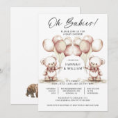 Oh Babies Twins Cute Watercolor Bears Baby Shower Kaart (Voorkant / Achterkant)