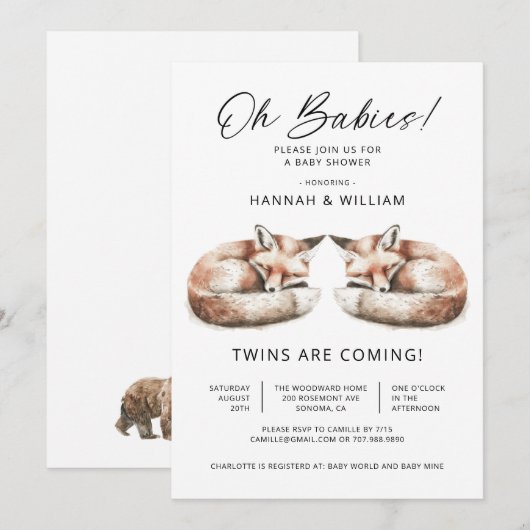 Oh Babies Twins Little Foxes Baby Shower Kaart (Voorkant / Achterkant)