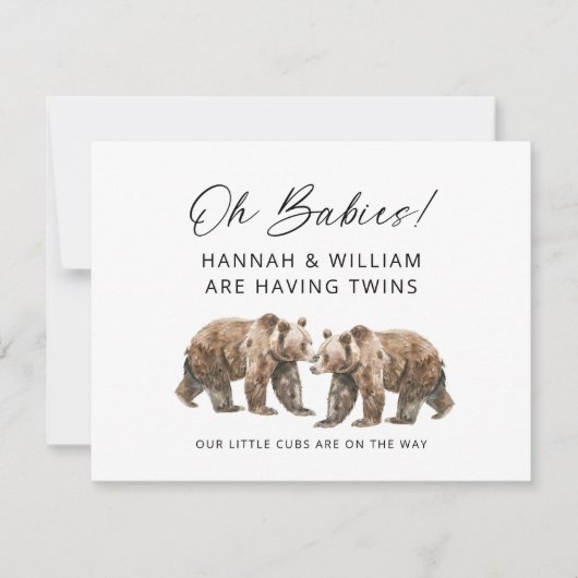 Oh Babies Twins On The Way Watercolor Bear Cubs Kaart (Voorkant)