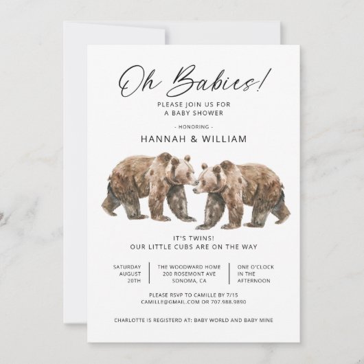 Oh Babies Twins Watercolor Bears Baby Shower Kaart (Voorkant)