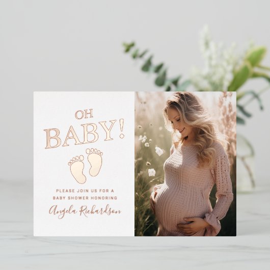 Oh Baby Aangepast foto-Baby shower Folie Uitnodiging (Staand Voorkant)