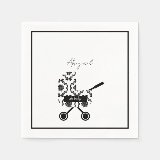 Oh Baby B/W Damask Pram Baby shower Napkins Servet (Voorkant)