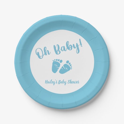Oh Baby Baby Feet Blue Boy Baby shower Papieren Bordje (Voorkant)