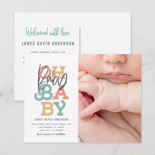 Oh baby baby moderne foto geboorteaankondiging briefkaart (Voorkant / Achterkant)