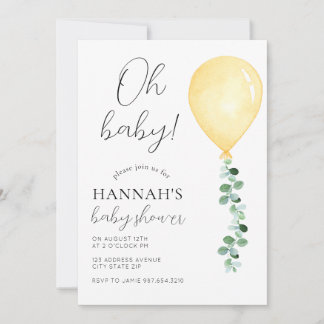 Oh Baby, Baby shower Invitation, Yellow Balloon Kaart