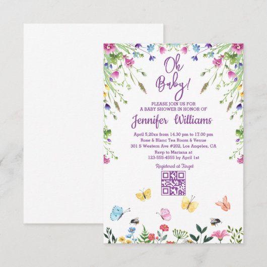 Oh baby, baby shower QR Code Bloemen paarse Kaart (Voorkant / Achterkant)