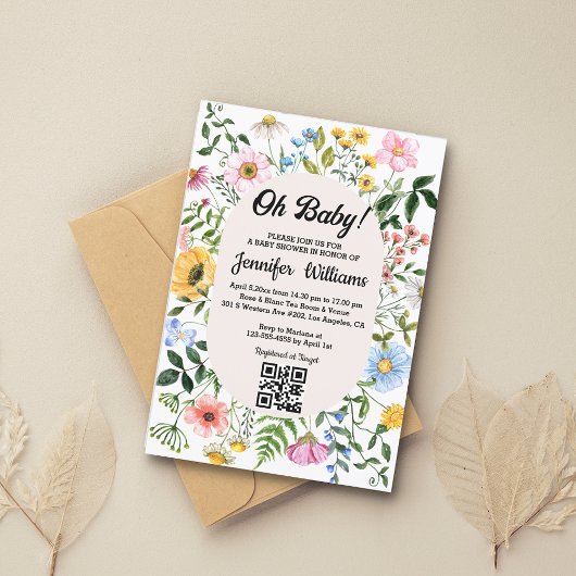 Oh baby, baby shower QR code Bloemen Wildbloemen Kaart