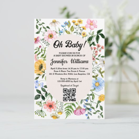 Oh baby, baby shower QR code Bloemen Wildbloemen Kaart (Staand voorkant)