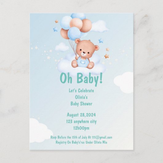 OH BABY BABY SHOWER UITNODIGING VOOR JONGENS (Voorkant)