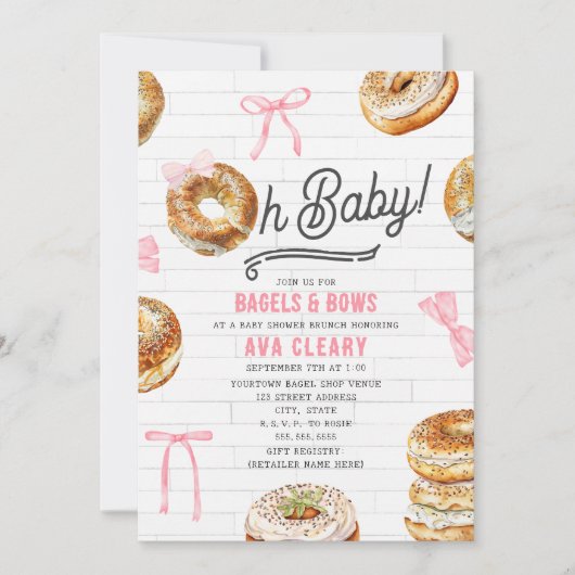 Oh Baby Bagels & Bows Roze Baby shower Brunch Kaart (Voorkant)
