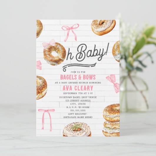 Oh Baby Bagels & Bows Roze Baby shower Brunch Kaart (Staand voorkant)