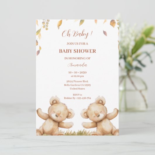 Oh Baby Beer Slaap Schattige Fall Leaves Baby show Kaart (Staand voorkant)