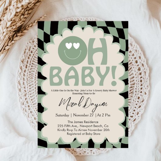 Oh Baby Beige & Sage Groovy Neutral Baby Shower Kaart