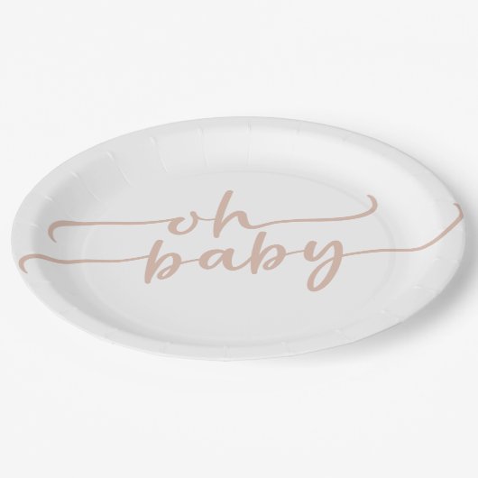 "Oh Baby" Beige Script Baby shower Papieren Bordje (Gekanteld)