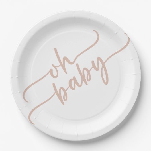 "Oh Baby" Beige Script Baby shower Papieren Bordje (Voorkant)