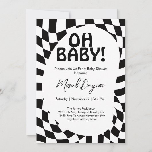 Oh Baby! Black Checkered Modern Baby Shower  Kaart (Voorkant)