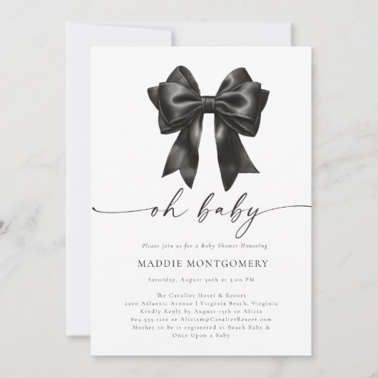 Oh Baby Black Coquette Bow Baby shower Invitation Kaart (Voorkant)