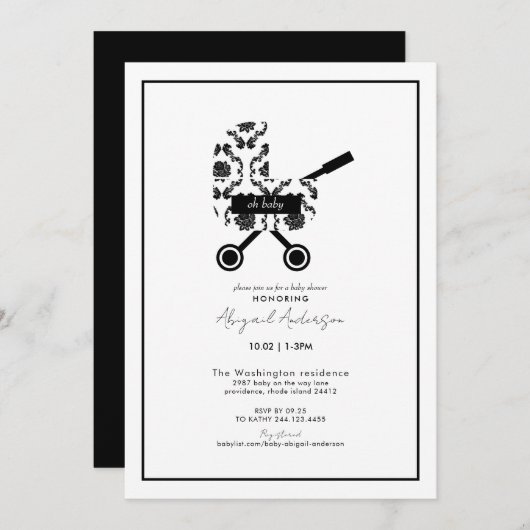 Oh Baby Black Damask Pram Baby shower Kaart (Voorkant / Achterkant)