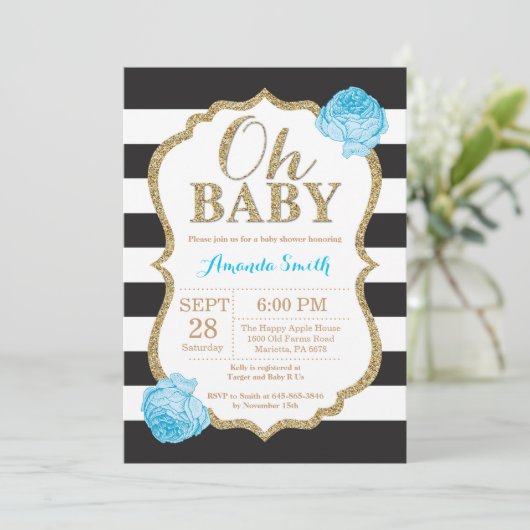 Oh Baby Black en Gold Baby shower Uitnodiging (Staand voorkant)