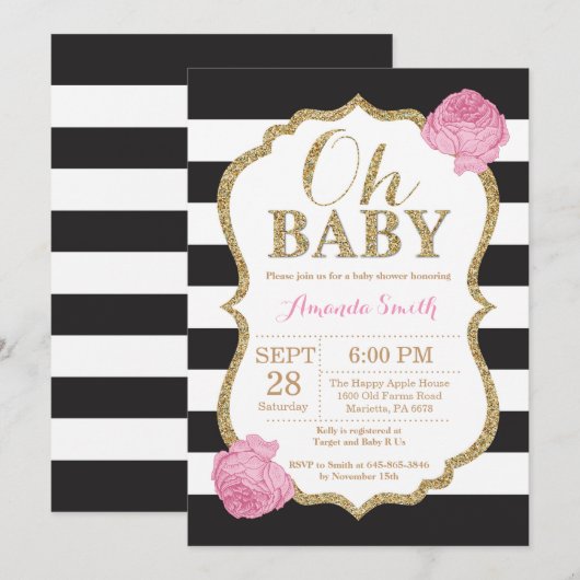 Oh Baby Black en Gold Baby shower Uitnodiging (Voorkant / Achterkant)
