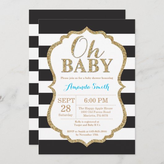 Oh Baby Black en Gold Baby shower Uitnodiging (Voorkant / Achterkant)