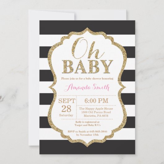 Oh Baby Black en Gold Baby shower Uitnodiging (Voorkant)