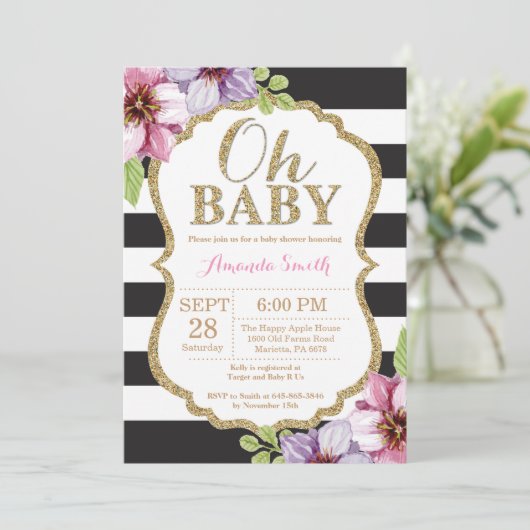 Oh Baby Black en Gold Baby shower Uitnodiging (Staand voorkant)