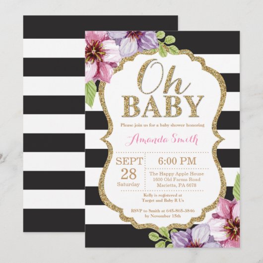 Oh Baby Black en Gold Baby shower Uitnodiging (Voorkant / Achterkant)